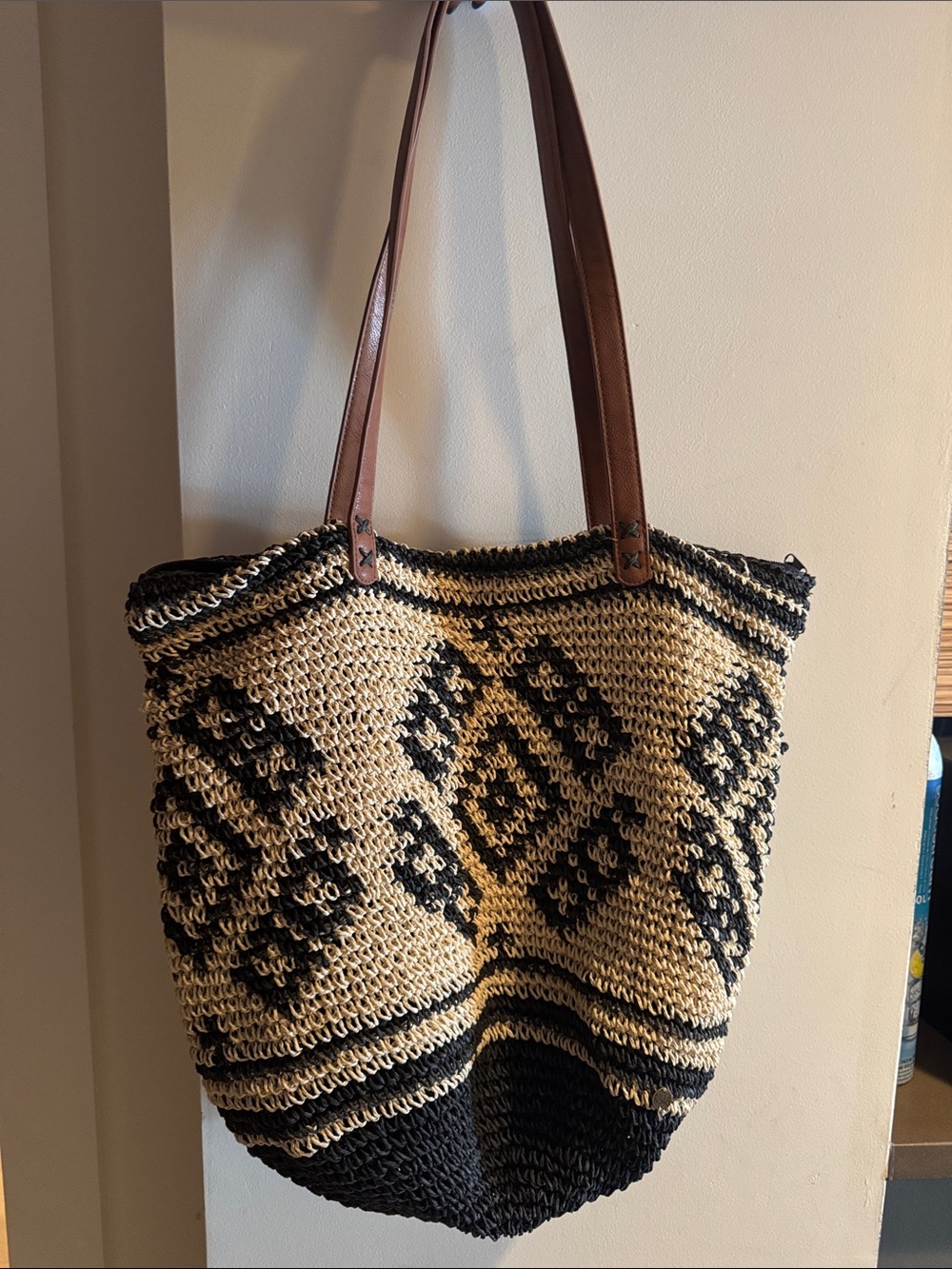 Billabong Woven Straw Tote Bag with Black Pattern and Brown Handles